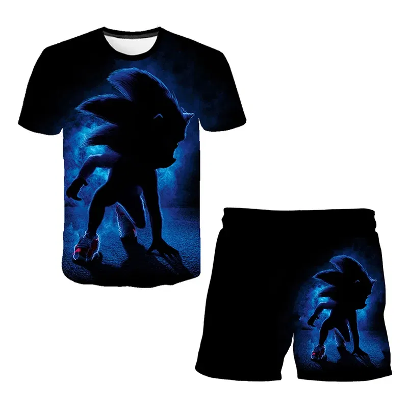 Color: Light Grey, Size: 25cm - New Japanese cartoon Sonic T-shirt children's top T-shirt shorts two-piece set summer boy cartoon cute T-shirt+beach pants