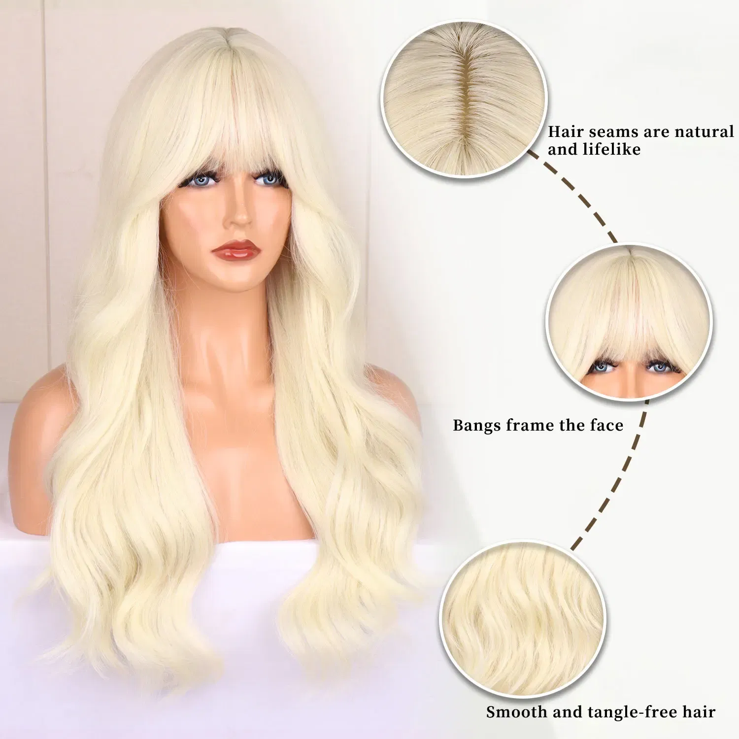 Color: P4/613 - Blonde synthetic wig with straight bangs Ladies Cosplay wig High temperature silk wig set with big waves and long curly hair
