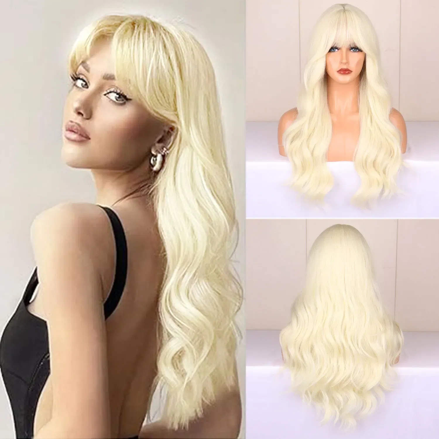 Color: P4/613 - Blonde synthetic wig with straight bangs Ladies Cosplay wig High temperature silk wig set with big waves and long curly hair