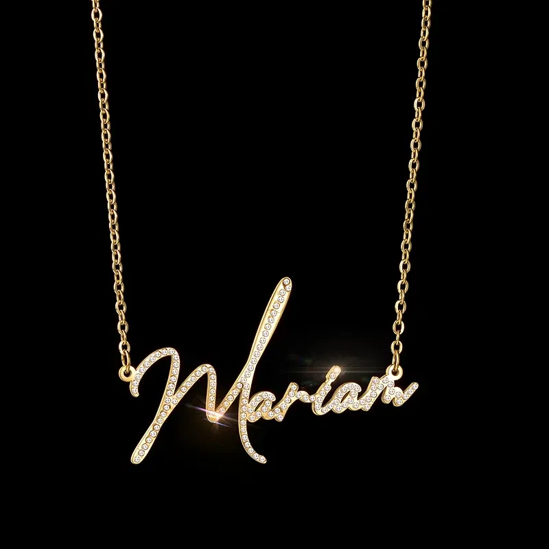 Metal Color: Gold-color, Length: 35cm - Auxauxme Custom Crystal Zircon Name Necklace for Women Stainless Steel Personalized Nameplate Golden Pendant Choker Jewelry Gift