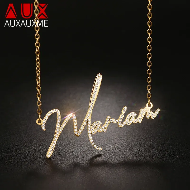 Metal Color: Gold-color, Length: 35cm - Auxauxme Custom Crystal Zircon Name Necklace for Women Stainless Steel Personalized Nameplate Golden Pendant Choker Jewelry Gift
