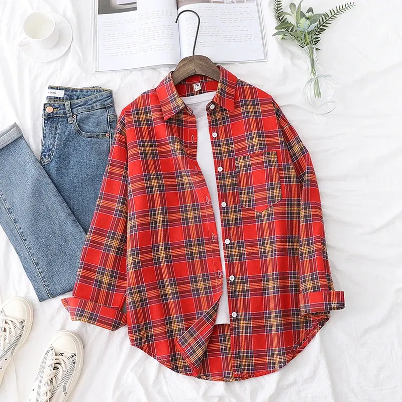 Color: Burgundy, Size: L - Fresh Flannel Plaid Shirt Women 2025 New Female Blouses and Tops Cotton Loose Long Sleeve Casual Shirts Fine Women's Clothes