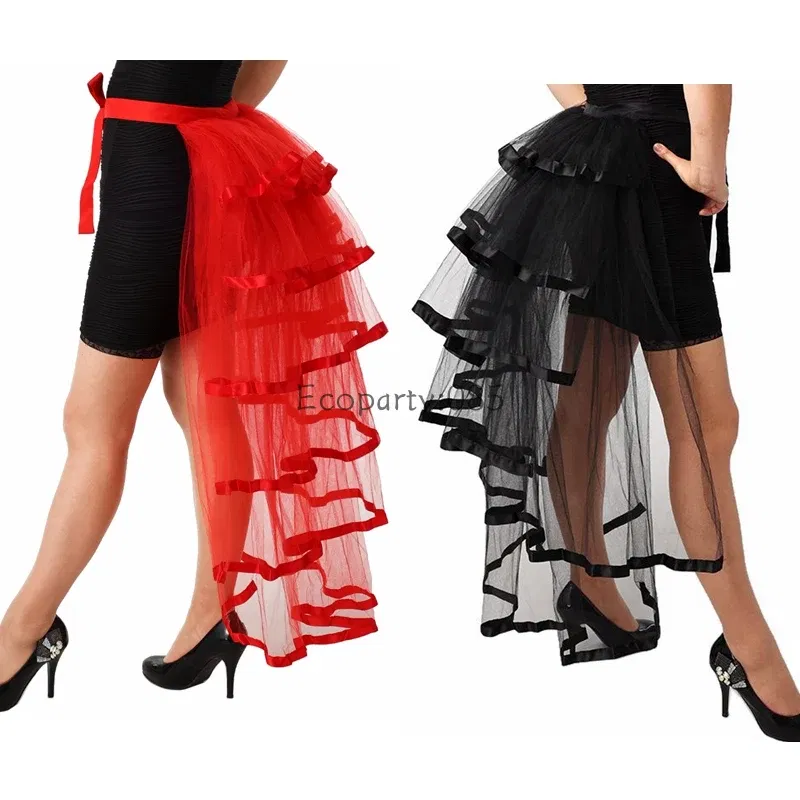 Color: Red, Size: One Size, Ships From: CHINA - Women Punk Puffy Ruffle Tutu Bustle Skirts Sexy Steampunk Cocktail Party Tie-on Overskirt Gothic Tulle Skirt for Female