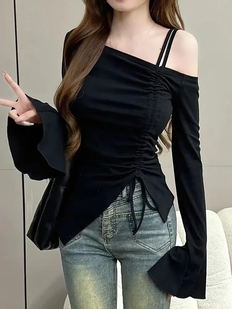 Color: black, Size: M - Sweet Sexy Drawstring Ribbon White Off Shoulder Top Women Basic Long Sleeve Body T-Shirt Elegant Flare Sleeve Lady Tees Pulovers