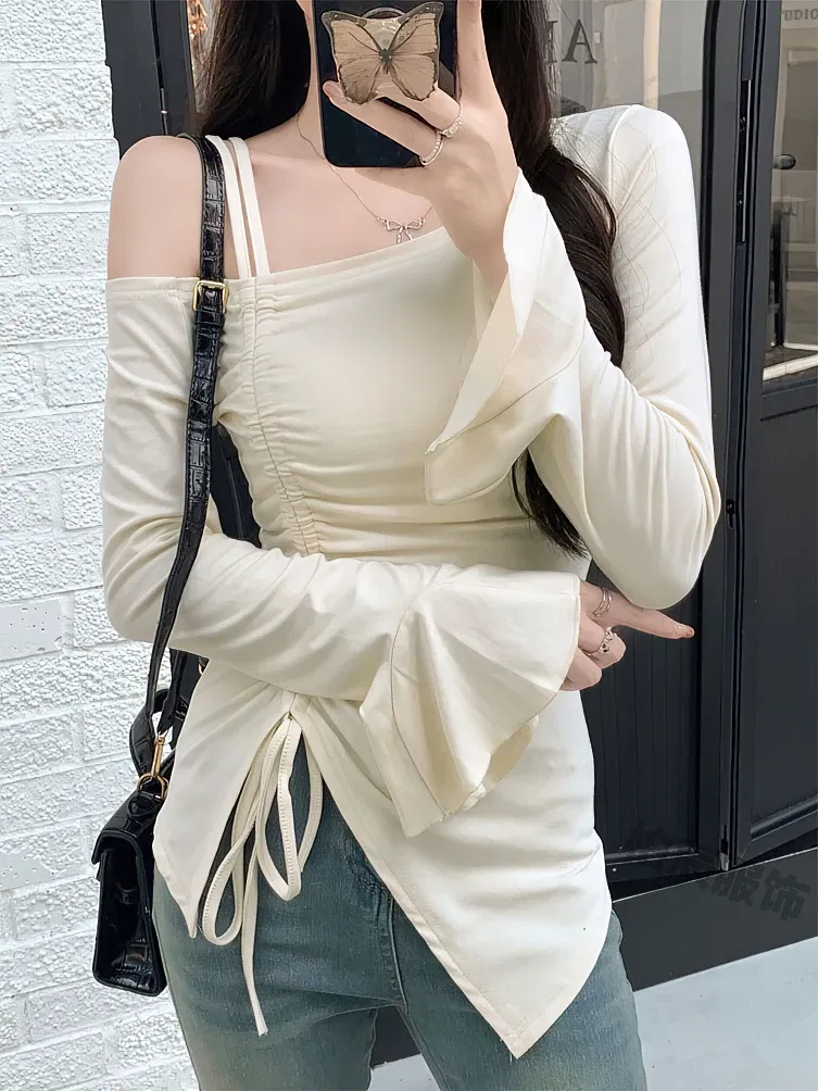 Color: black, Size: M - Sweet Sexy Drawstring Ribbon White Off Shoulder Top Women Basic Long Sleeve Body T-Shirt Elegant Flare Sleeve Lady Tees Pulovers