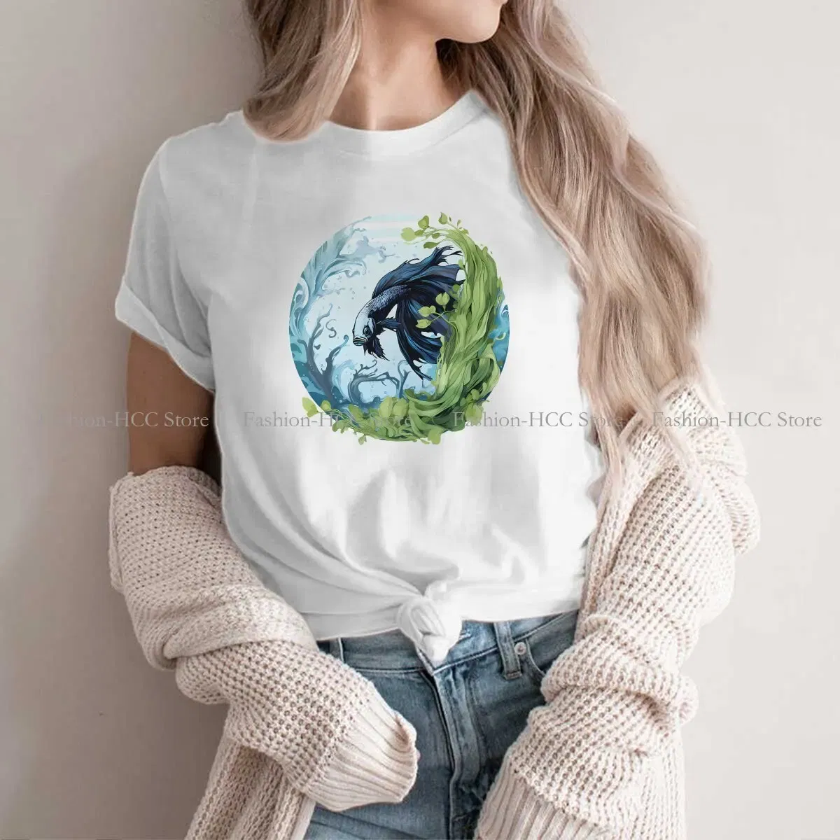 Color: WHITE, Size: XXXL - Betta In A Bubble Hip Hop Polyester TShirt Fish Funny Cartoon Style Tops Leisure T Shirt Female Short Sleeve