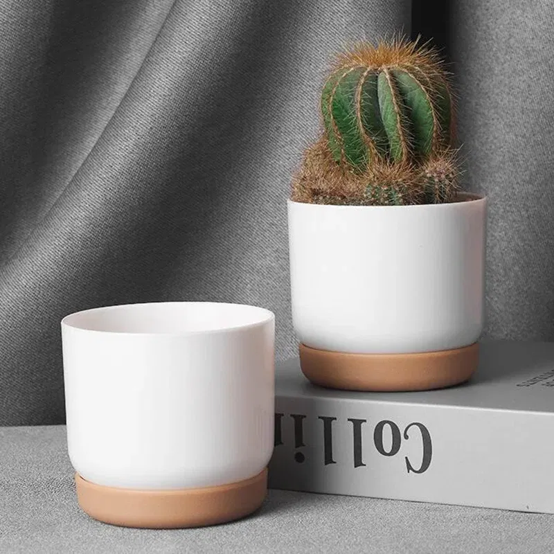 Color: WHITE - 1pcs Succulent Plant Pot Six-sided Ceramic Pot Succulent Flowerpot Set With Bamboo Support For Desktop