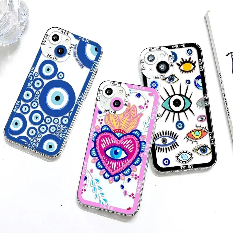 Color: black, Material: leather - Blue Evil Eye Phone Case For Samsung Galaxy S10 S20 S21 S22 S23 S24 FE Plus Ultra Note 20 Transparent TPU Case