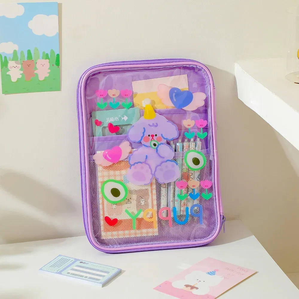 Color: WHITE - Cartoon PVC Stationary Organzier Pouch Big Capacity Storage Pens Eraser Students Pencil Bags