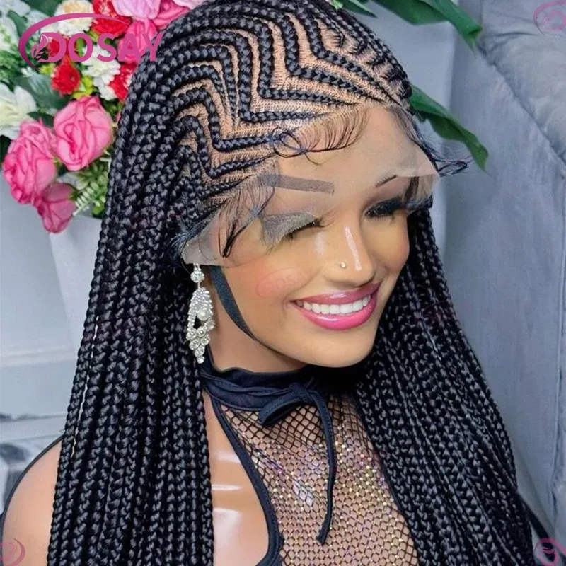 Color: #1,  Wig Length: 36inches - 36" Cornrow Braids Hair Wig Synthetic Braided Wigs For Women Full Lace Cornrow Braid Wig Braid African Knotless Box Braided Wigs