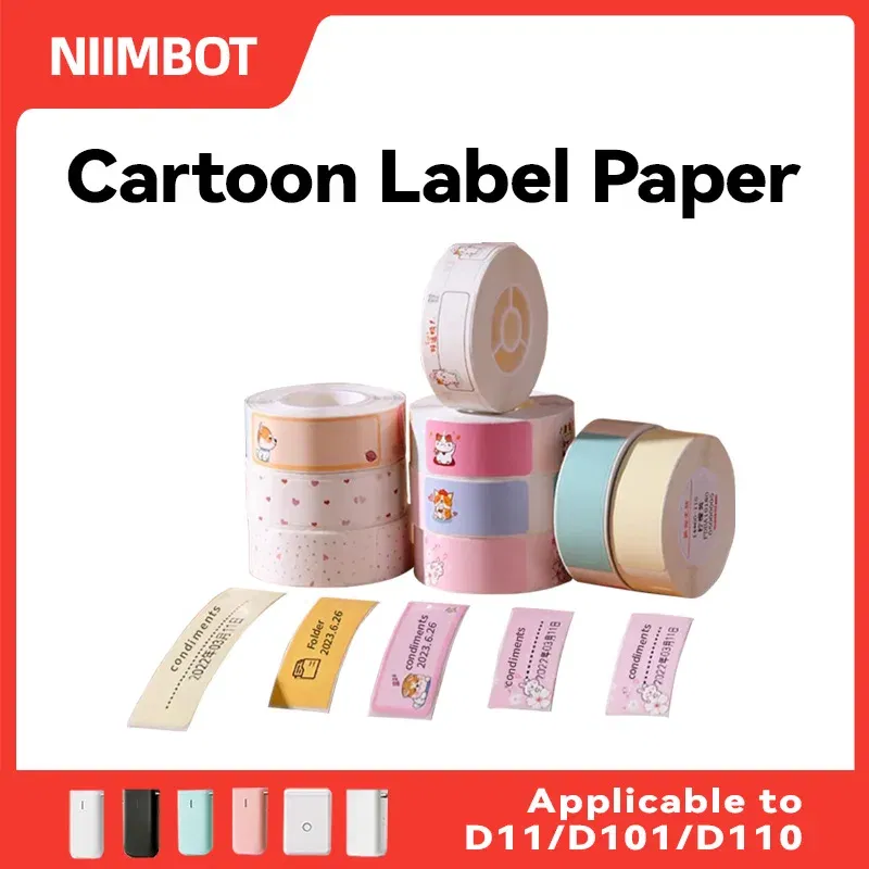Color: Light Red - Niimbot D11/D101/D110 cute cartoon color thermal label sticker self-adhesive waterproof sticker mini portable printer