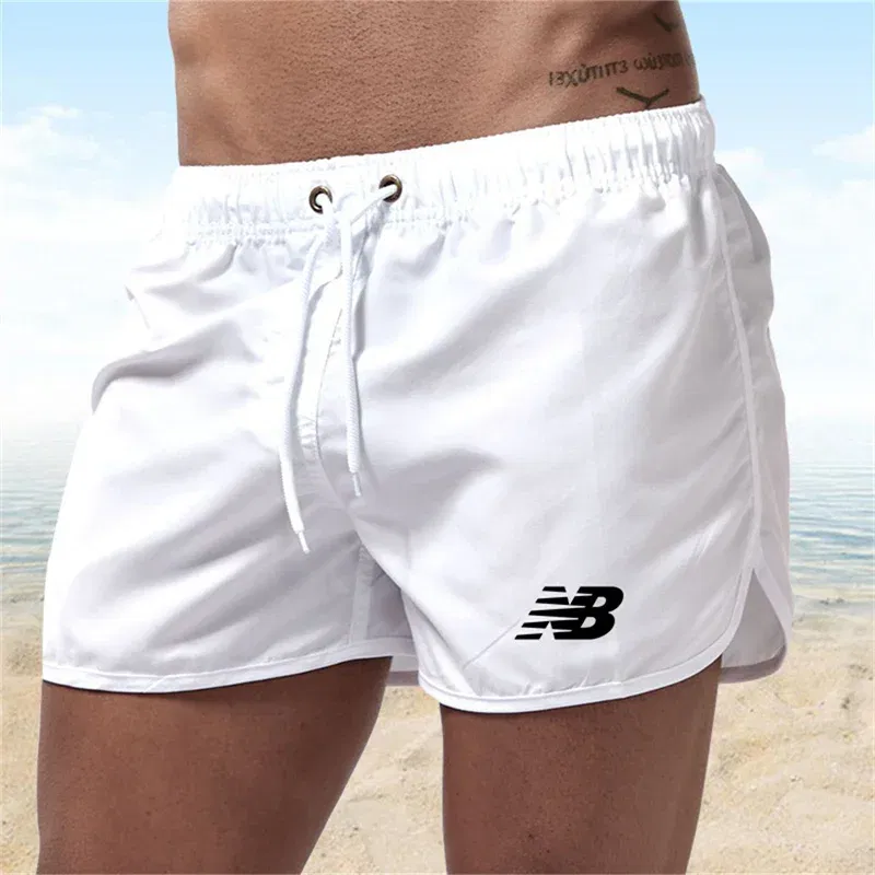 Color: WHITE, Size: M - Letter B Summer men's luxury beach pants clothing quick dry gym jogging sexy shorts vacation casual swimming trunks