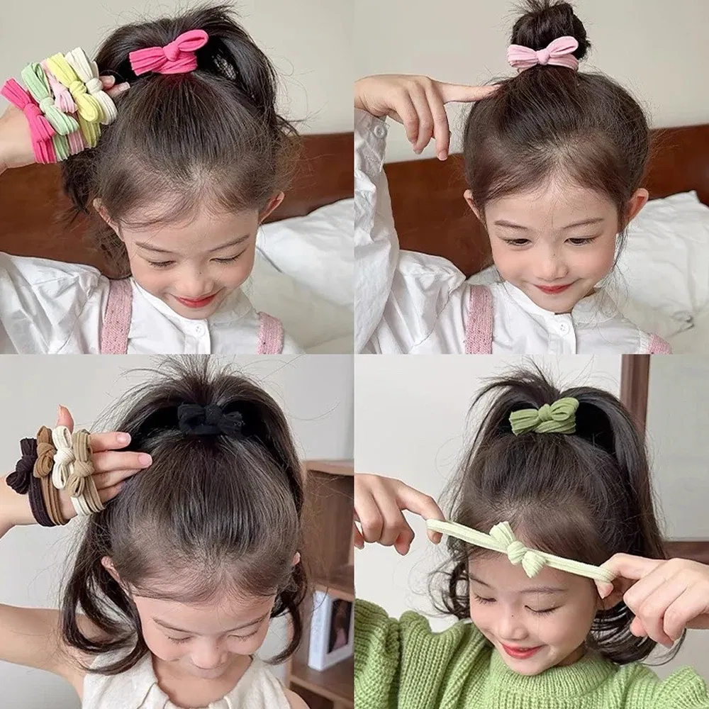 Color: Lavender - 5pcs/Set Simple Bow Hair Ties Ropes Colorful Elastic Seamless Ponytail Holder Rubber Band For Toddler Girls