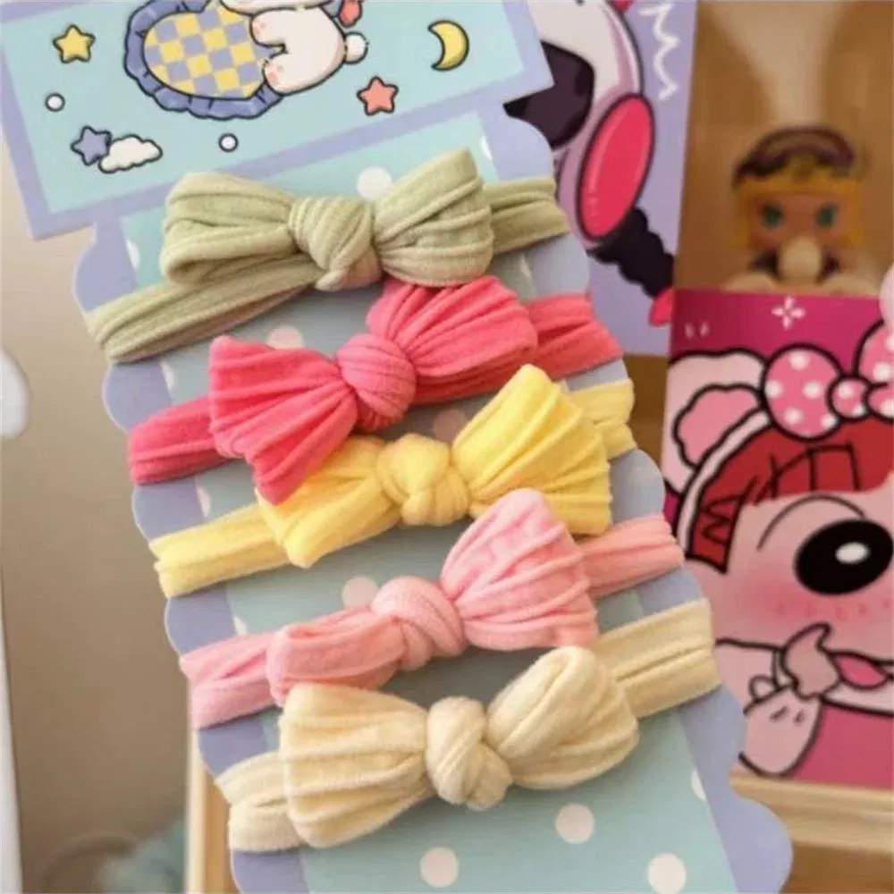 Color: Lavender - 5pcs/Set Simple Bow Hair Ties Ropes Colorful Elastic Seamless Ponytail Holder Rubber Band For Toddler Girls