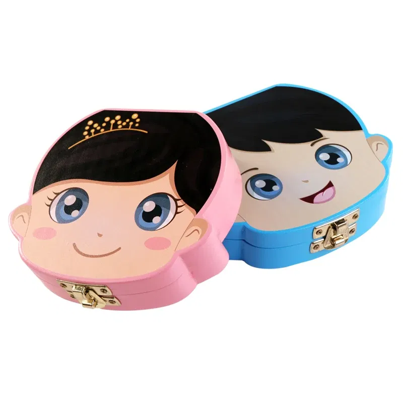 Color: Light Blue - Cute Wooden Baby Tooth Box Boxes Kids Milk Teeth Storage Box English/Spanish/French/Russian/Italian/Portuguese Keepsake Boxes