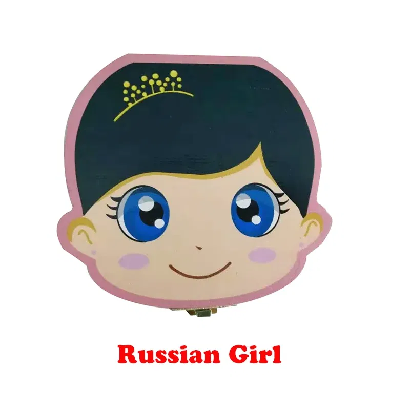 Color: Light Blue - Cute Wooden Baby Tooth Box Boxes Kids Milk Teeth Storage Box English/Spanish/French/Russian/Italian/Portuguese Keepsake Boxes