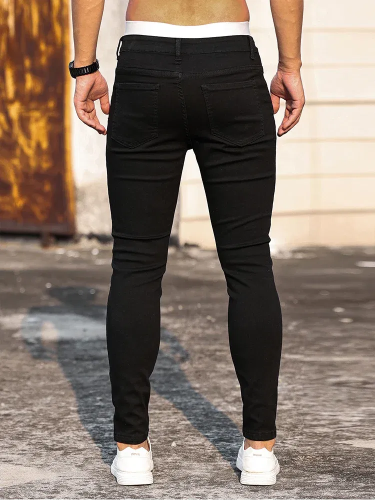 Color: Beige, Size: M - Fashion Men's Street Ripped Jeans Pure Black Stretch Tight Small Foot Pencil Pants Boyfriend Club Clothing Denim Ropa Hombre