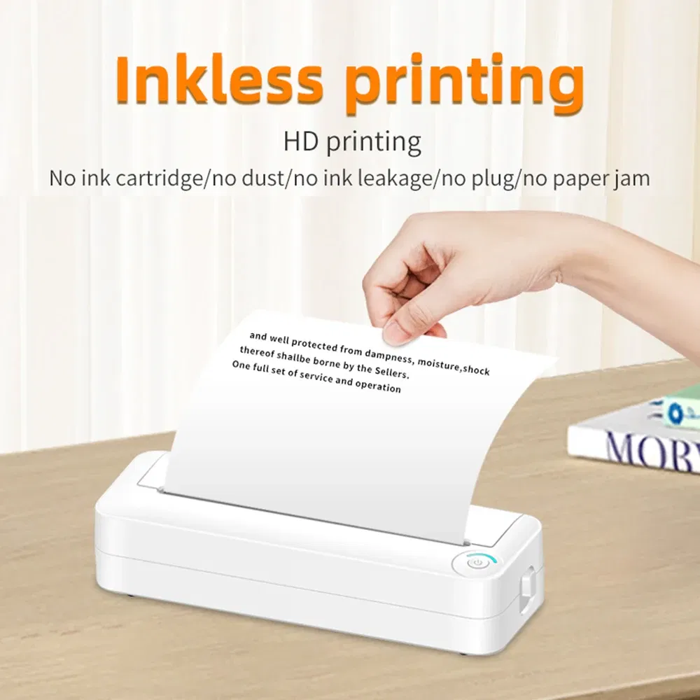 color: WHITE - A4 Paper Printer Thermal Printing Wireless BT Mobile Photo Printer Support 210mm Wide for Outdoor Travel Home Office Printing