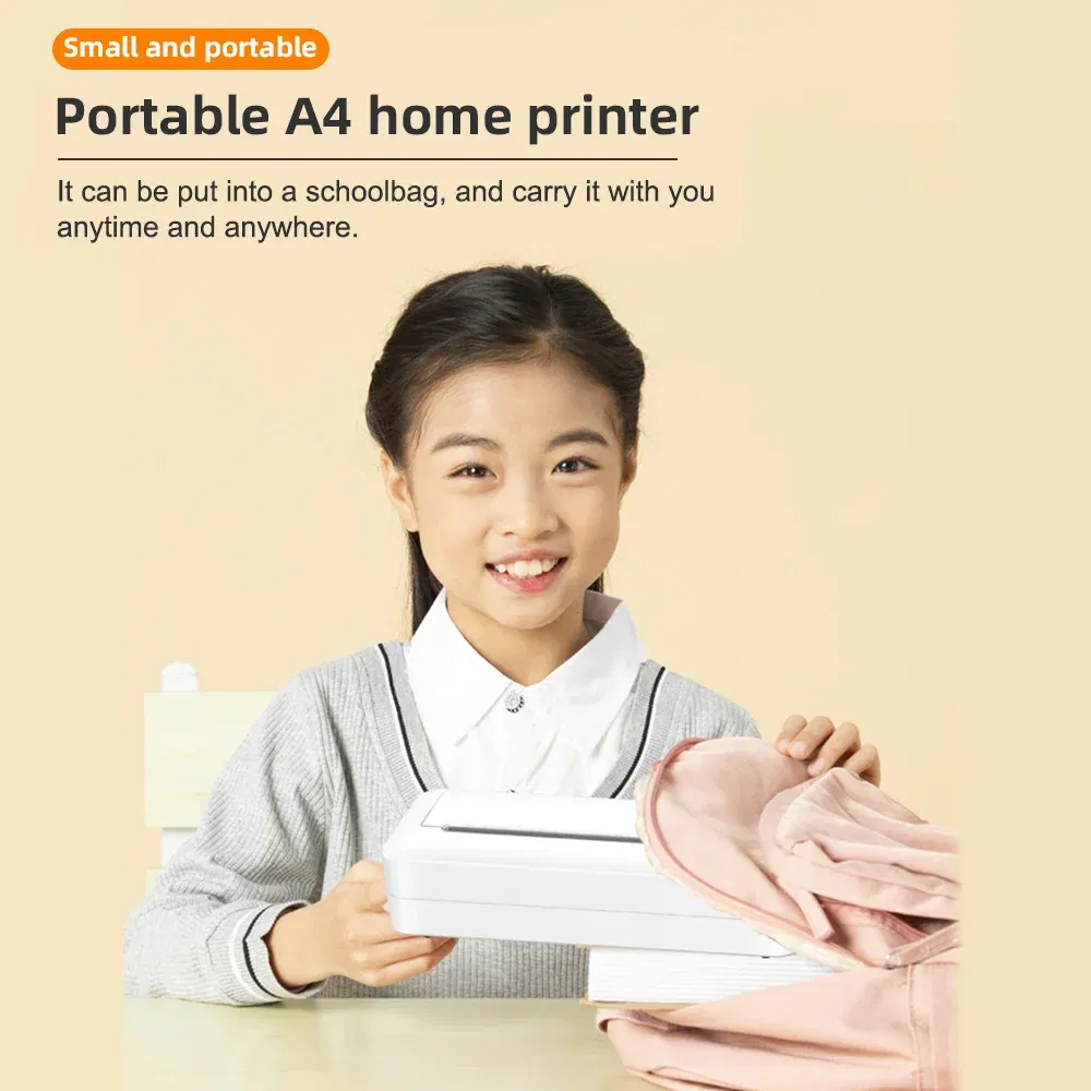 color: WHITE - A4 Paper Printer Thermal Printing Wireless BT Mobile Photo Printer Support 210mm Wide for Outdoor Travel Home Office Printing