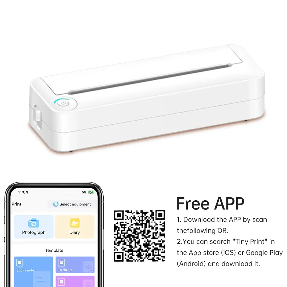 color: WHITE - A4 Paper Printer Thermal Printing Wireless BT Mobile Photo Printer Support 210mm Wide for Outdoor Travel Home Office Printing