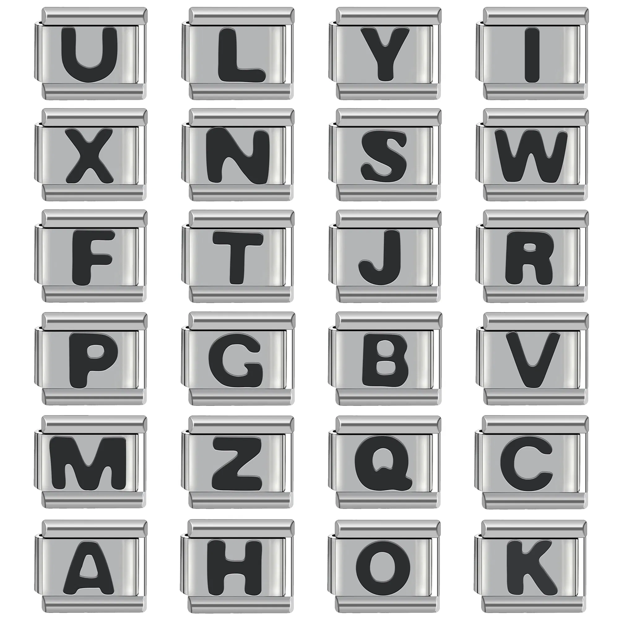 Metal Color: brownish yellow - Black 26 Letter 9mm Diy Italian Charm Stainless Steel Bracelet