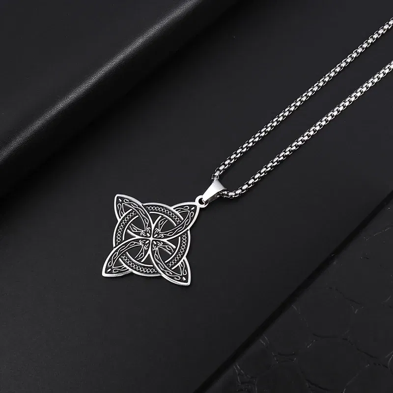 Metal Color: Dark Gold - Stainless Steel Silver Color Pattern Witch Knot Pendant Necklace Celtic Knot Lucky Jewelry Gift for Friends Family