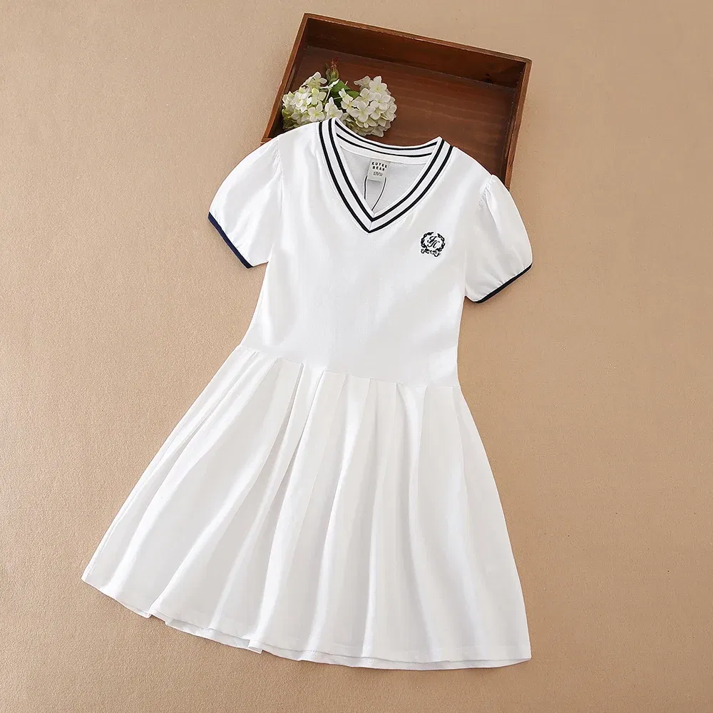 Color: Blue, Kid US Size: 8T - Girls' White Summer Dress V-Neck Polo Pleated Dress for School 5-12 Years Girls Clothing