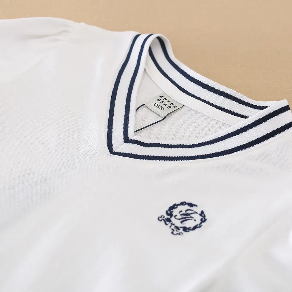 Color: Blue, Kid US Size: 8T - Girls' White Summer Dress V-Neck Polo Pleated Dress for School 5-12 Years Girls Clothing