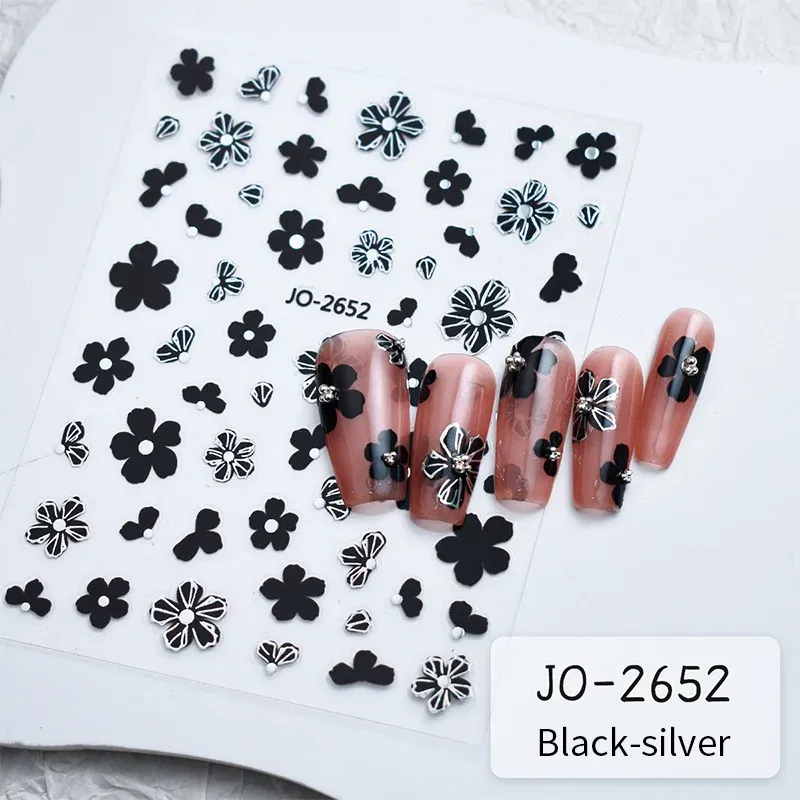 Color: Grey green - White French 3D Nail Stickers Manicure Gradient Line Flower Nail Art Designs Self-Adhesive Nail Tips Guides for DIY Decoration