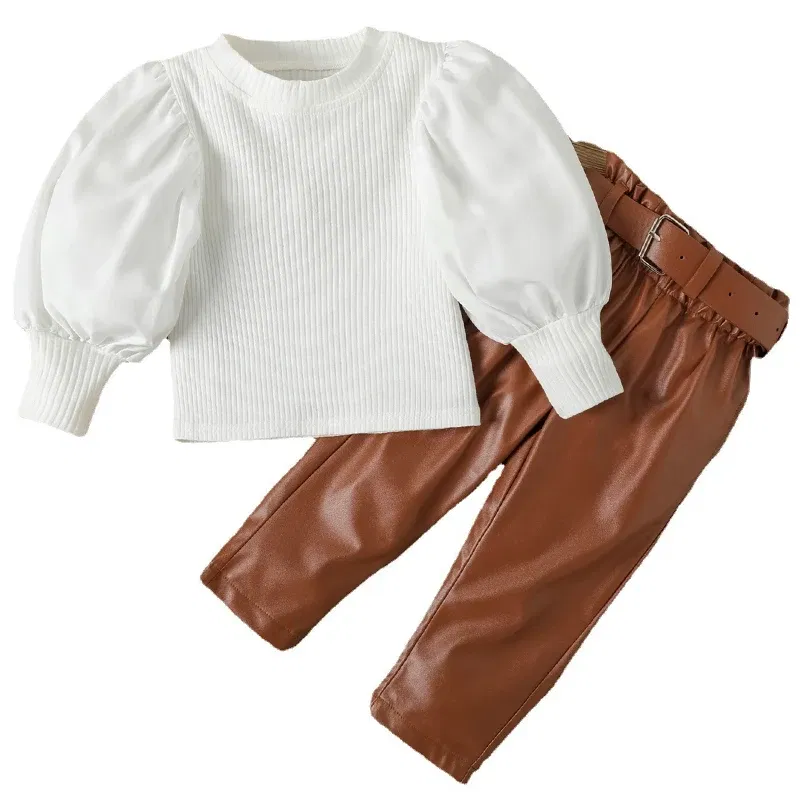 3Piece Spring Autumn Baby Clothes Girls Outfit Sets Korean Fashion Long Sleeve Tops+PU Pants+Belt Boutique Kids Clothing BC126