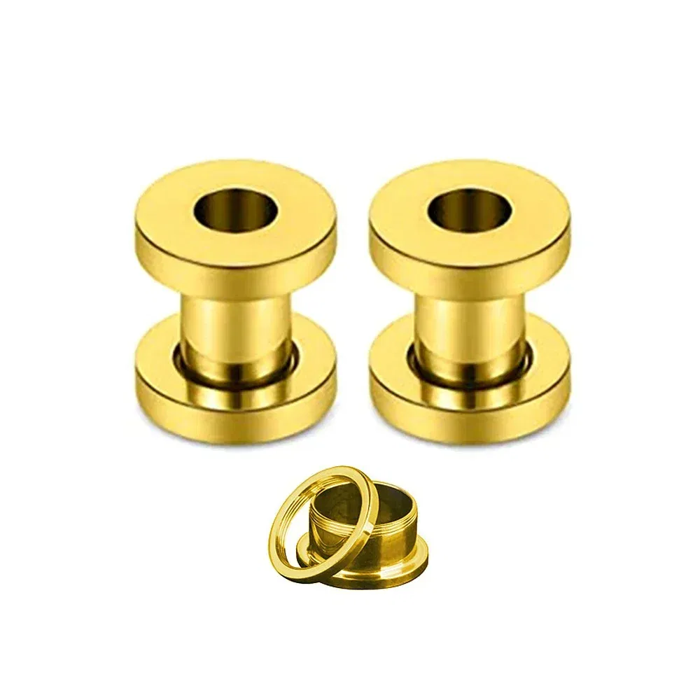 Metal color: Rhodium Plated, Main Stone Color: Gold - 2PCS Multi Color Steel Screw Fit Tunnel Ear Plug Stretcher Gauge 3-25mm Ear Lobe Tunnel Expander