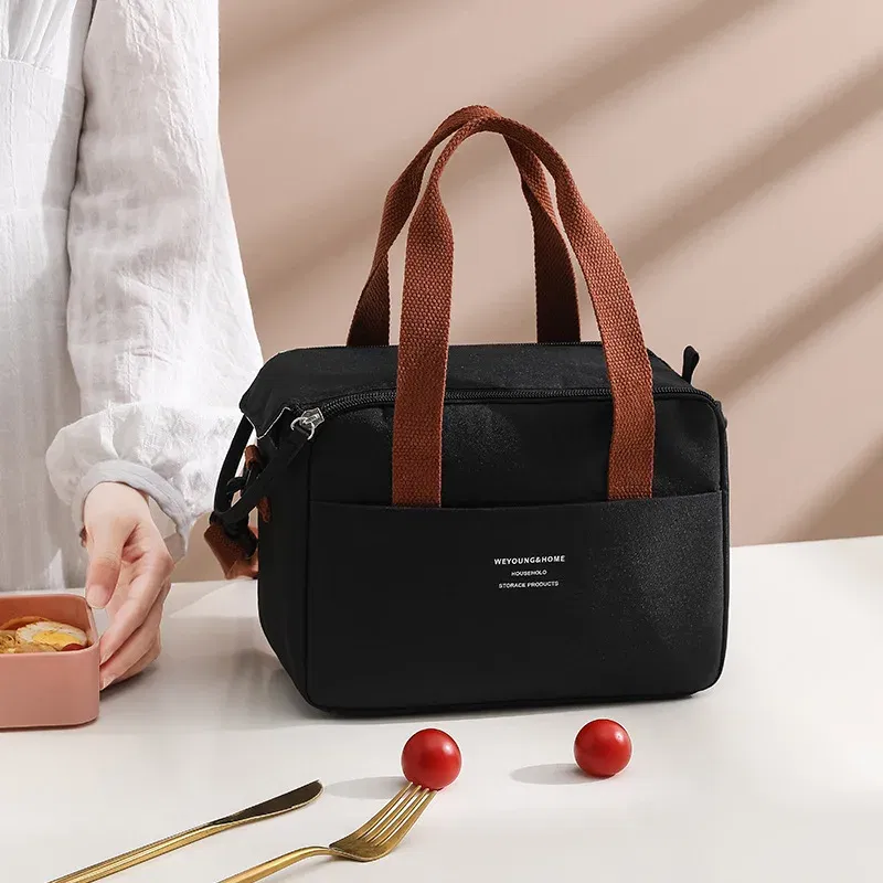 Color: black - Portable Lunch Bag For OL Women Thermal Insulated Lunch Box Tote Cooler Handbag Waterproof Bento Pouch Office Food Shoulder Bags
