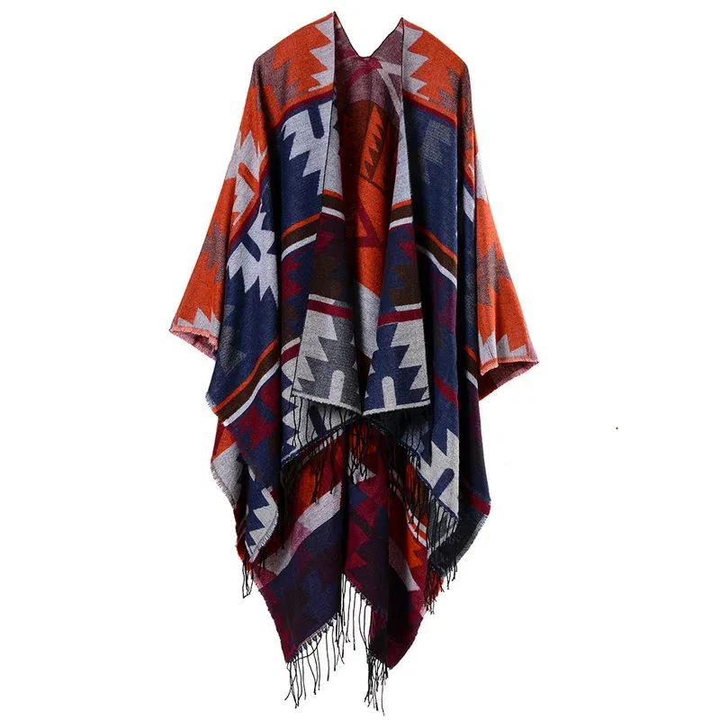 Color: Navy Blue, Size: One Size - European American Popular Tassel Thickened Cashmere Like National Style Travel Fork Shawl Scarf in autumn Ponchos Capes P9