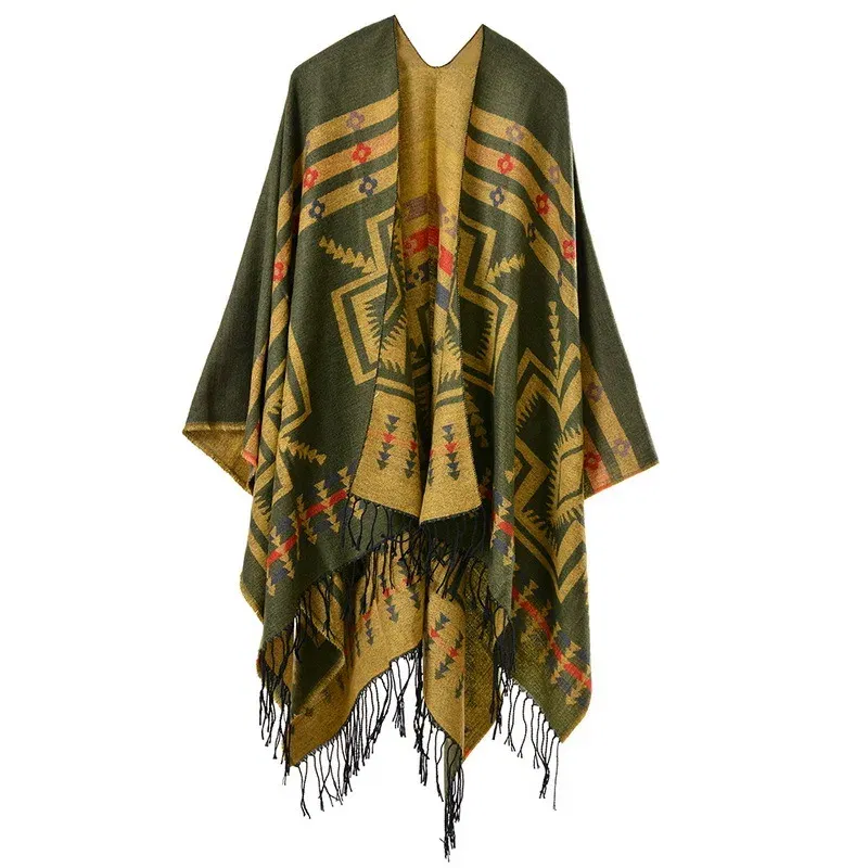 Color: Navy Blue, Size: One Size - European American Popular Tassel Thickened Cashmere Like National Style Travel Fork Shawl Scarf in autumn Ponchos Capes P9