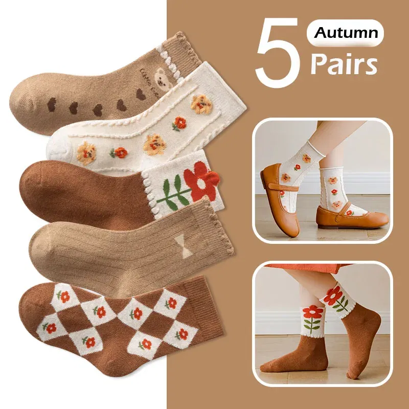 Color: Brown, Size: 10-12T - Kids Socks Warm Cotton Autumn Spring Socks Girls Calf Length Coffee Khaki Bear Socks Baby Sock
