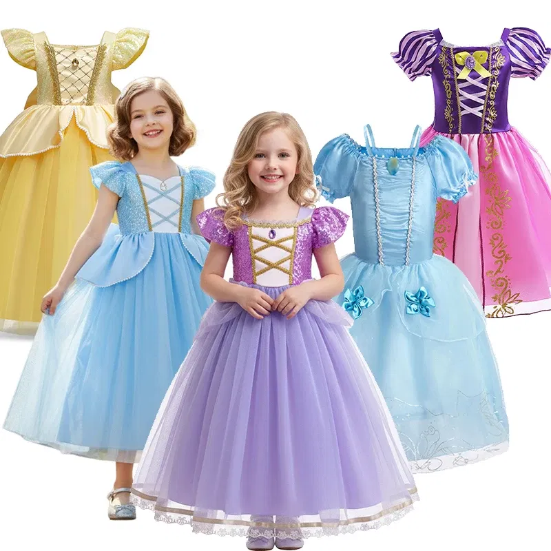Color: SKY BLUE, Kid Size: 14 - Disney Deluxe Elegant Rapunzel Princess Ball Gown Fancy Birthday Party Dress Cinderella Vestidos Costume Play Carnival Apparel