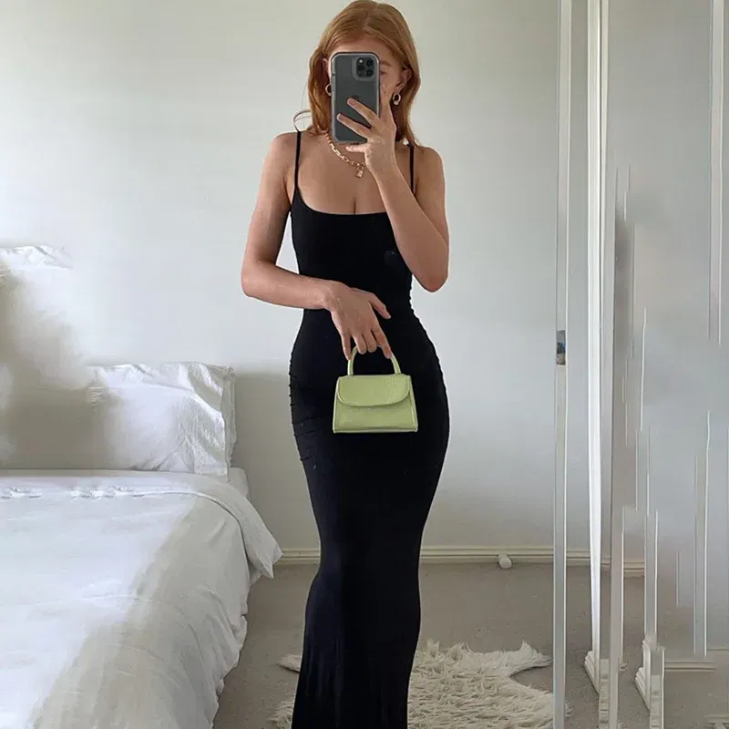 Color: black, Size: S - Satin Slip Sleeveless Backless Maxi Dress Women 2023 Y2K Summer Bodycon Elegant Sexy Outfits Ladies Birthday Party Club Sundress