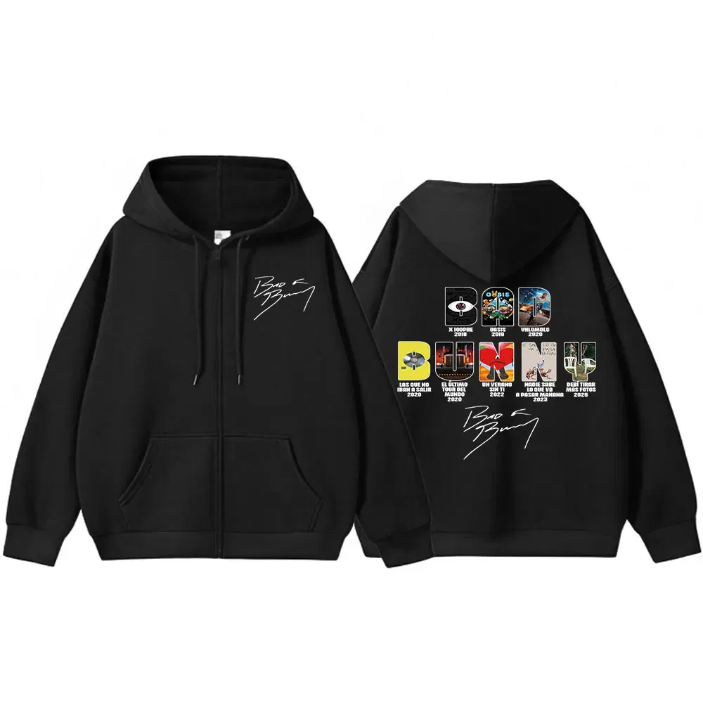 Color: Beige, Size: XXL - Rapper Bad Bunny Music Album Cover Print Zipper Hoodies Men Women Clothing Hip Hop Zip Up Sweatshirts Long Sleeve Hoodie Jackets