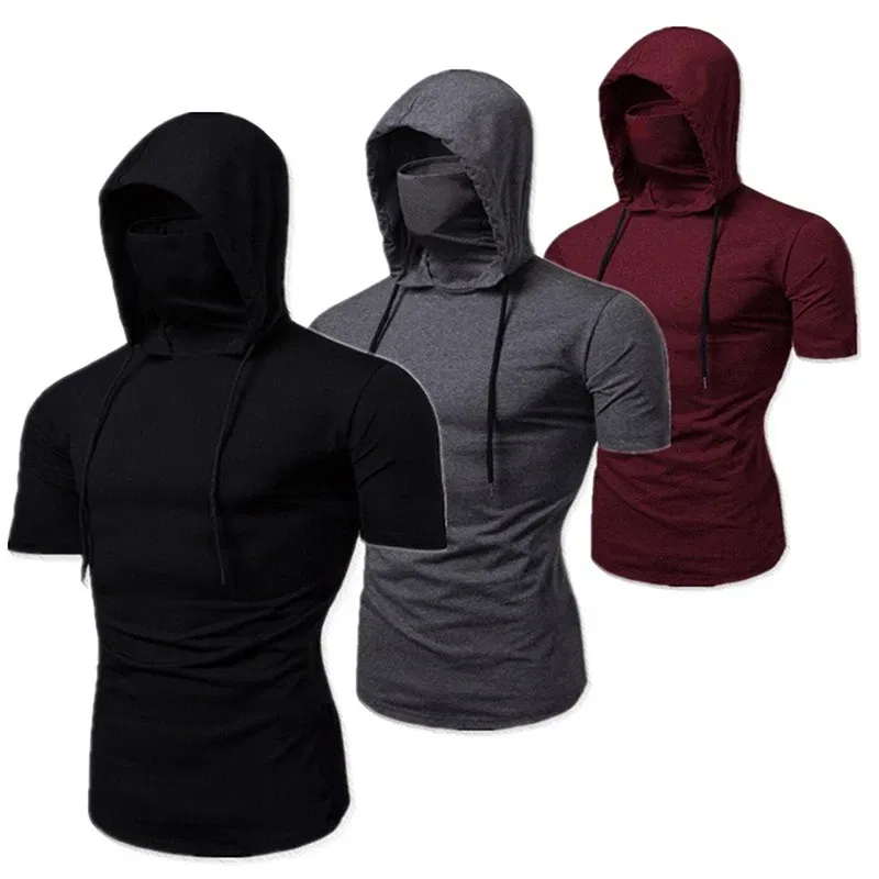 Color: black, Size: XXL - Mens Gym Thin Hoodie Short Sleeve Hoodies With Mask Sweatshirt Casual Splice Large Mask Hoodie Sweatshirt Hooded Tops Cycling