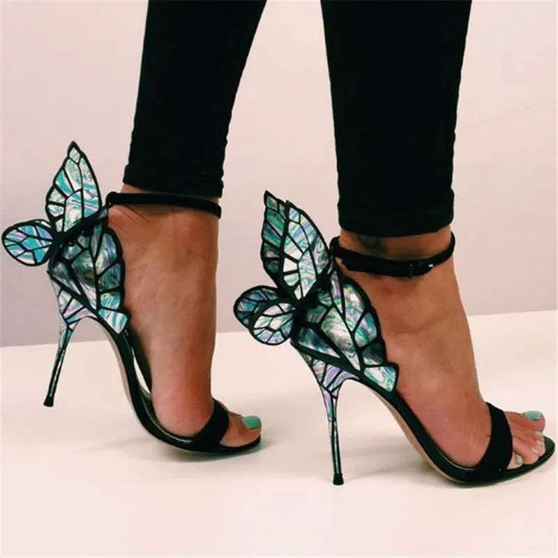 Color: Navy Blue, Shoe Size: 10 - Women Summer Sandals Fashion Embroidered Satin Butterfly High Heeled Footwear Adjustable Ankle Strap Shoes Women high heels