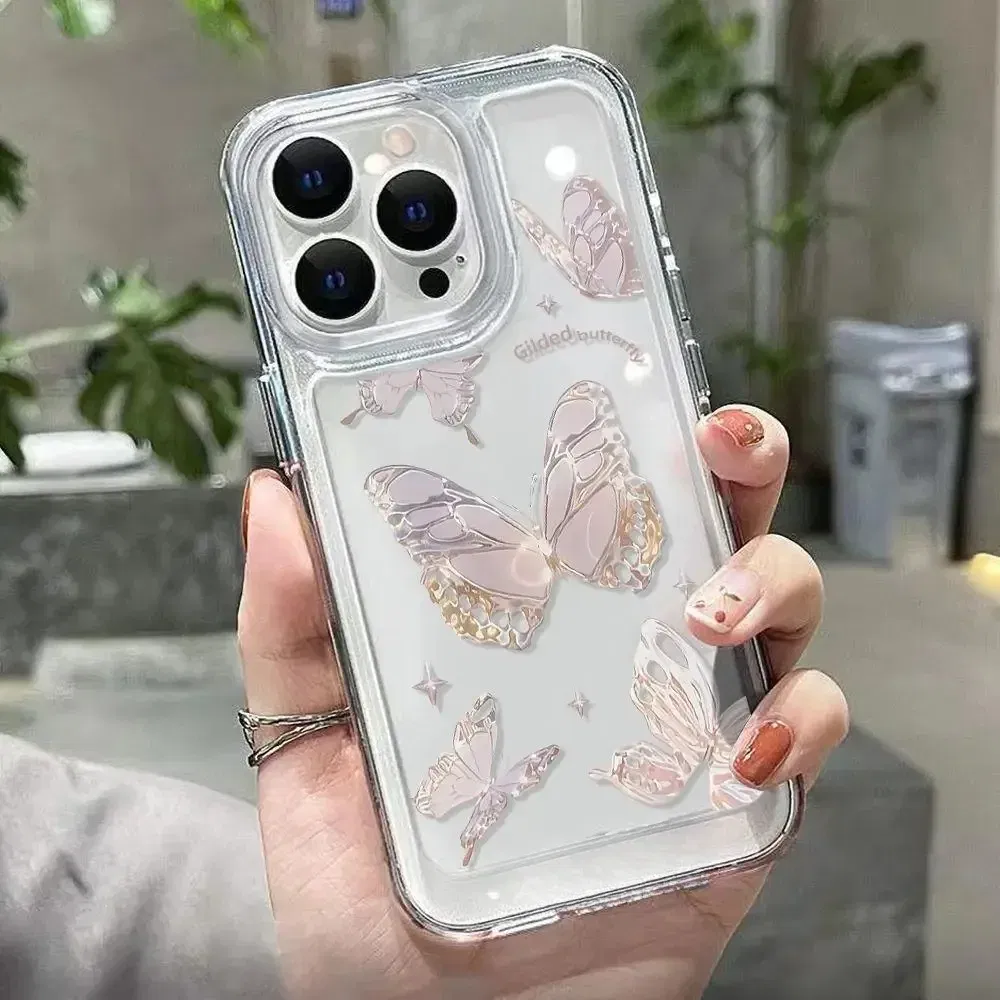 Color: Clear, Material: PU - Simple Space Transparent Anti-fall Phone Case For iPhone 15 11 14 13 12 Pro Max Plus Silicone Protect Flower Butterfly Cover