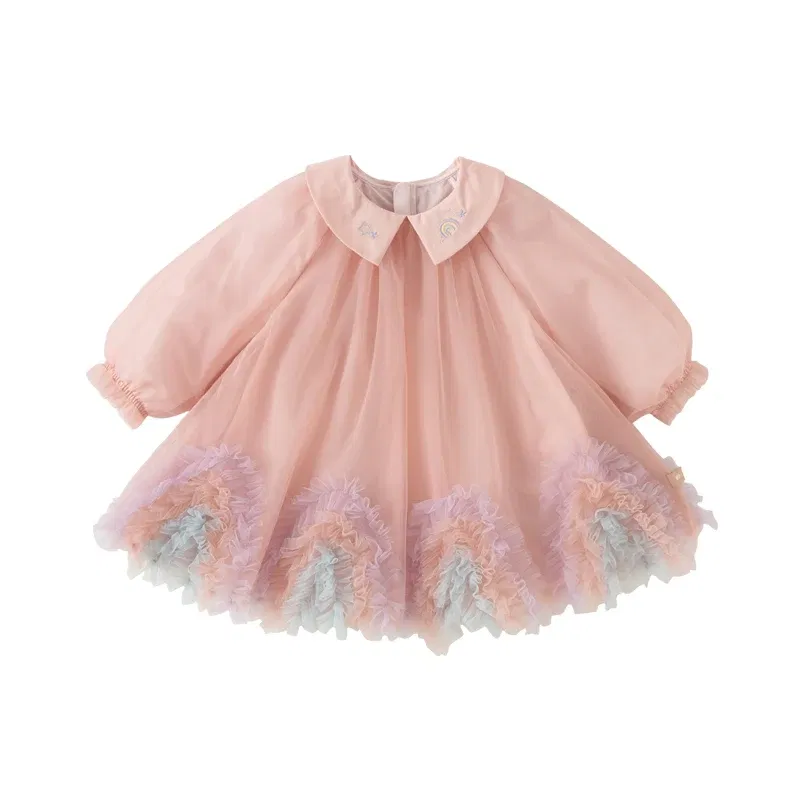 Color: Pink, Kid Size: 15t - Dave Bella Princess Dress for Girls Children Baby 2024 New Spring Noble Charm Sweet Classy Lovely Mesh Fashion Party DB1248276