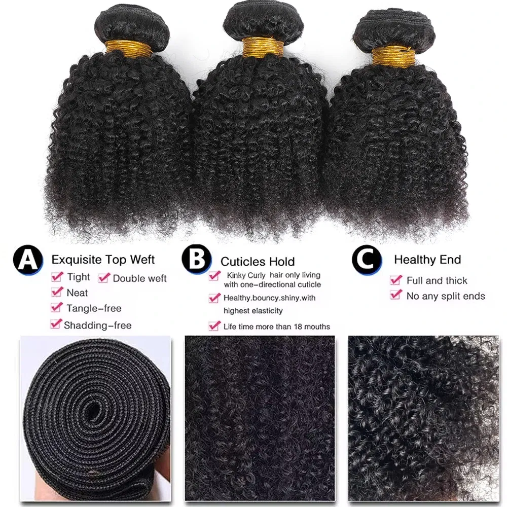 Color: Natural Color, Stretched Length: 16inches - Brazilian Afro Kinky Curly Human Hair Bundles 4b 4c Afro kinky Bulk Human Hair Weave Bundle Deal Hair Extensions Wholesale