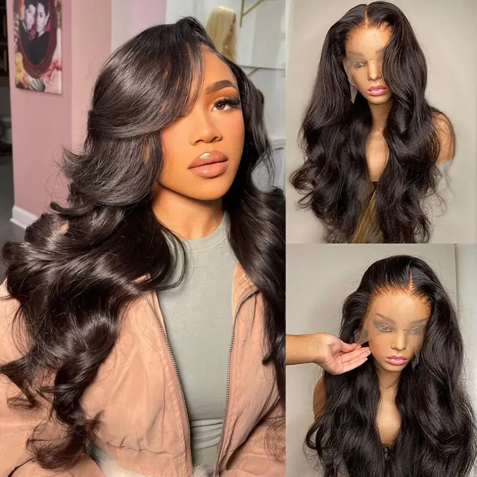 Color: #1B, Ships From: CHINA, Stretched Length: 30Inches, Density: 150% - 13x6 13x4 Body Wave Glueless Wig HD Transparent Lace Front Wig Human Hair Pre Plucked Brazilian 4x4 Lace Closure Wigs For Women