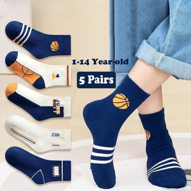 Color: Blue, Size: 7-9T - 1-14T Kids' Socks Spring Autumn Cotton Socks 5 Pairs/lot Soft Cotton Socks Calf Socks Little Big Boys Crew Sock