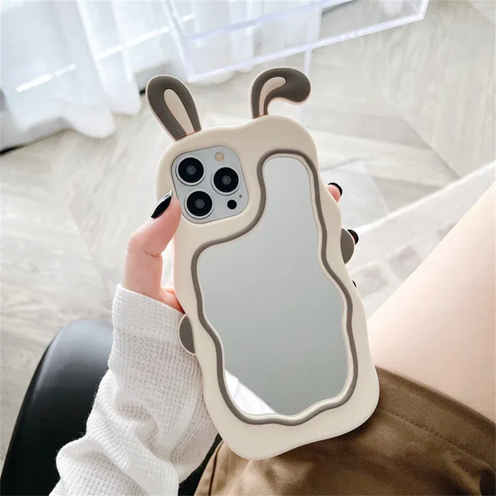 Color: Pink, Material: Genuine Leather - Cute Bunny Ears Mirror Phone Case For iPhone 15 14 Plus 13 12 11 Pro Max Shockproof Silicone Case