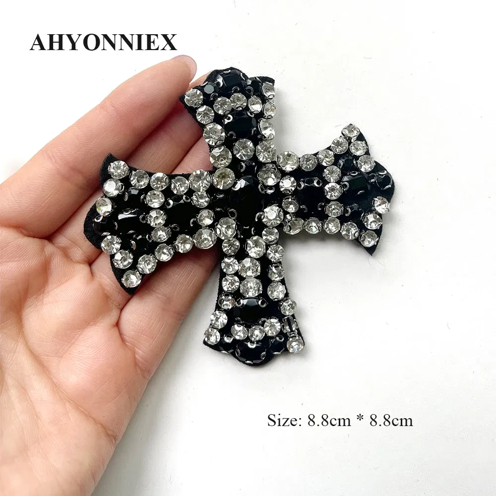 Promotion !! Handmade Rhinestone Beaded Patches Black Cross Sew On Patch for Clothes Beads Jacket DIY Applique