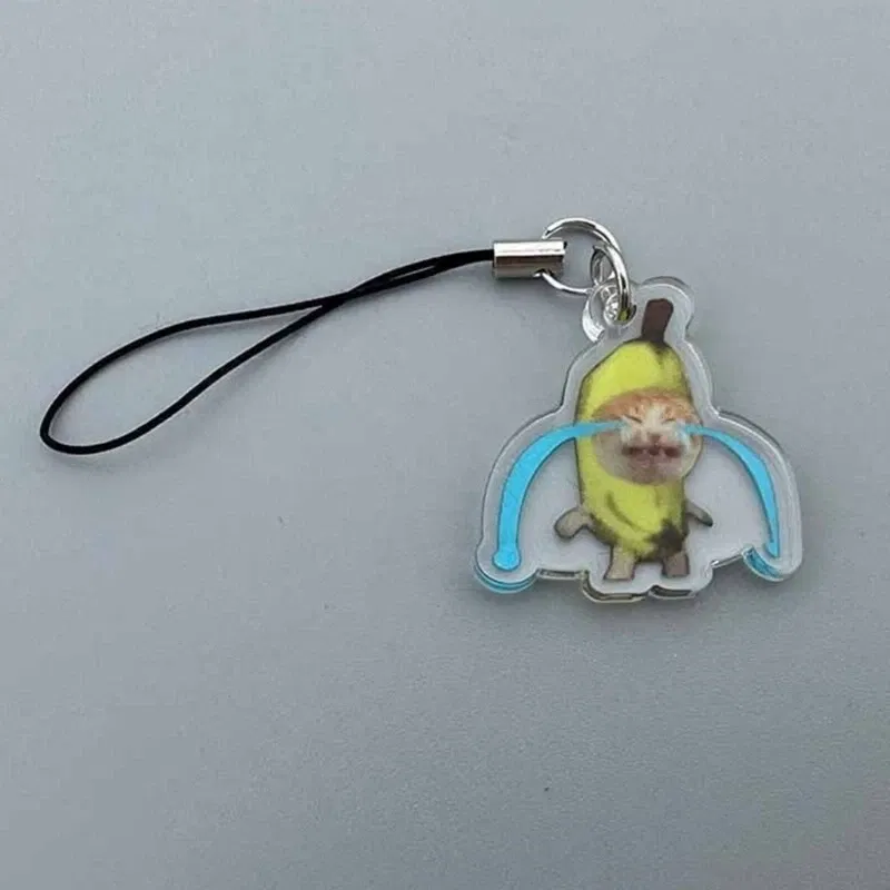 Color: WHITE - Banana Cat Keychain for Students Funny Pendant Lanyard Decorations Cat Charm Phone Chain Anti-lost Strap Decors