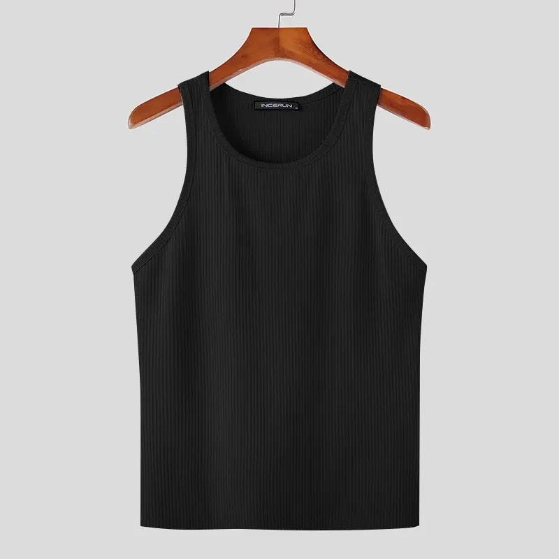 Color: black, Size: 5XL - INCERUN Men Tank Tops Solid Color O-neck Sleeveless Streetwear Summer Casual Vests Skinny 2023 Fashion Leisure Men Clothing 5XL