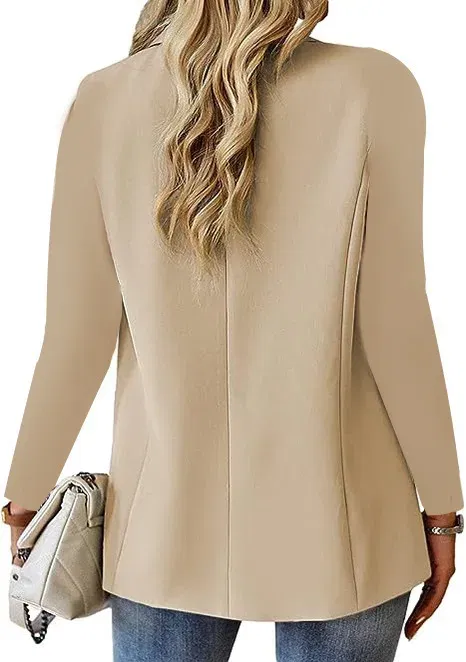 Color: Beige, Size: L - Womens Spring Winter Down Full Long Sleeve Coat Autumn Blazer Button Outwear Suit Cardigan Female